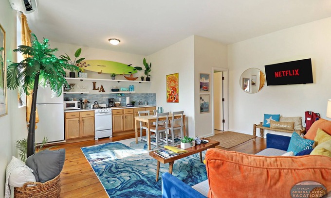 Lake Geneva Apartment | Downtown Lake Geneva - LA Suite |Fun Cali Vibe on Main St |Onsite Parking |Easy Access to the Beach