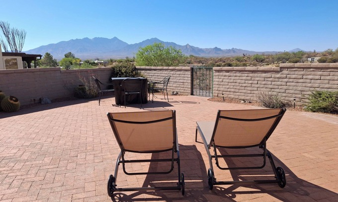 Desert Hills Estates House | Enjoy breathtaking mountain views from large patio, primary suite & Arizona room