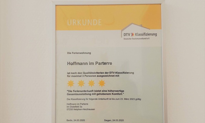 Herzhausen Apartment | Ferienwohnungen Hoffmann 4 star DTV classification