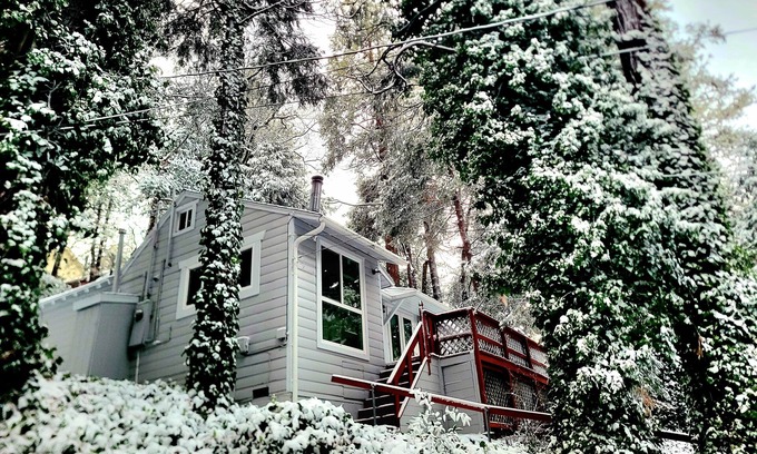 Crestline Cabin | Forest-view cabin with deck, grill, wood stove, washer/dryer, & fast WiFi