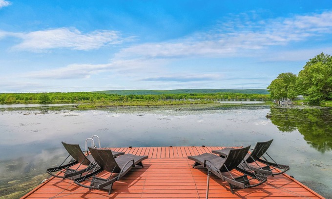 Lake Ariel House | Lakefront A-Frame | Hot Tub, Dock, Kayaks, Games, Fire Pit, Fireplace, Deck, Patio, Amazing Views