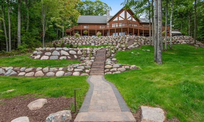 Lac du Flambeau House | Lakefront estate with 3-story chalet & guest house - hot tub, game room, and gym