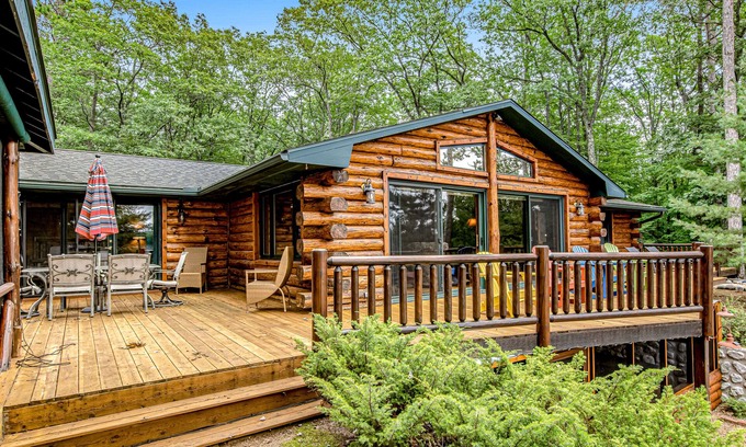 Lac du Flambeau House | Lakefront log cabin on 3.5 acres with dock, gazebo & sunset views - dog-friendly