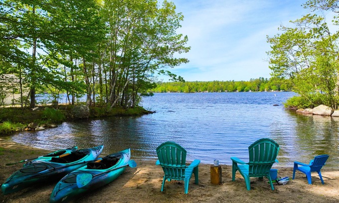 Gray House | Lakefront properties with private beach, hot tub, dock, kayaks, grill & firepit