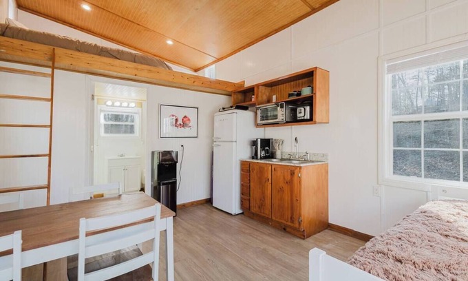 Stanton Cabin | Loft bedroom (Q), extra sleeping in living area, full bathroom with shower and tub, pet frendly