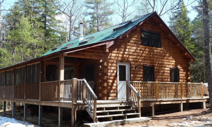 Fryeburg Cabin | Log Cabin on Spacious Lakeside Woodlands, with Private Beach and Waterfront.