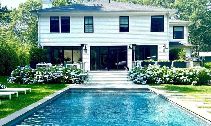 Noyack House | Luxe Summer House Rental w/Heated Saltwater Pool; Walk to Beach and Golf.