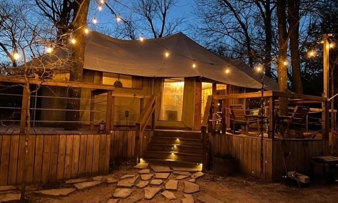 Dennis Cabin | Luxury African Tent W/A/C, Waterfall, 300 acre ranch on the Brazos River! "Amazing"- FW Mag Tubing!