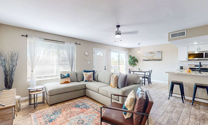 Fontana House | Modern townhome with pool, AC, W/D, grill, and private patio