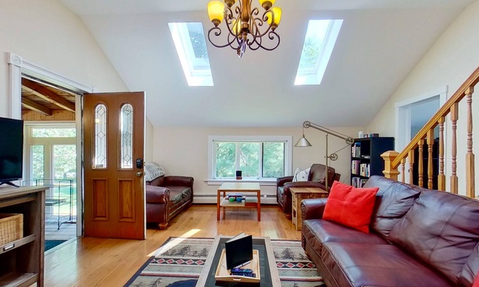 Warrensburg House | Mountain-view house with wood-burning fireplace, deck, patio, & washer/dryer