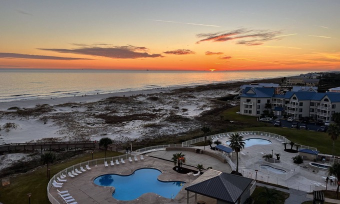 Fort Morgan Condo | On the beach! Indoor pools-sauna-hot tubs-pickleball-restaurant-coffee shop!