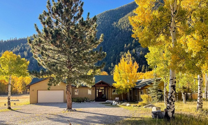 Nathrop House | Peaceful & sunny alpine retreat with firepit, patio, fireplace, & amazing views