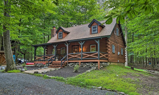 Locust Lake Village Cabin | Pocono Log Cabin: Fireplace, Fire Pits & Amenities
