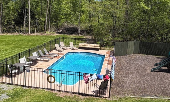 Blakeslee House | Private and Heated pool Hot tub, sauna, game room, swing Sat.