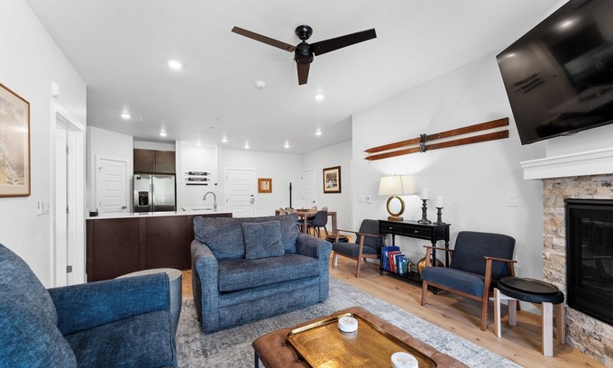 Lakeside Village Condo | Private Balcony with Cozy Outdoor Seating & Mountain Views! 2 Shared Hot Tubs