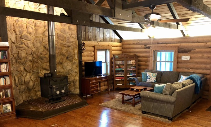 Edwardsville Cabin | PRIVATE LOG CABIN RETREAT! Secluded Cabin in Woods with Pond and Bike Trail!