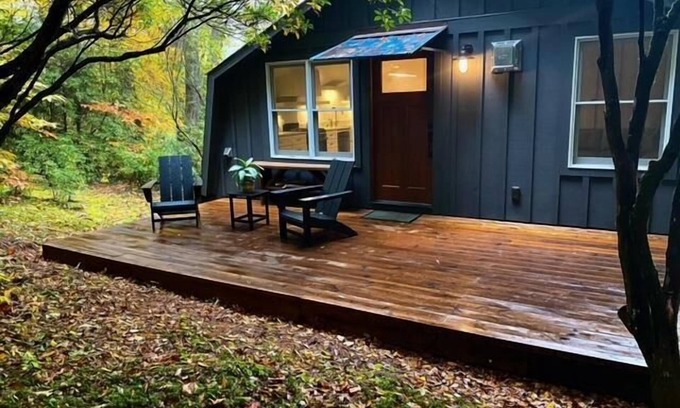 Mirror Lake House | Private, Modern, Unique freestanding fireplace, Outdoor seating