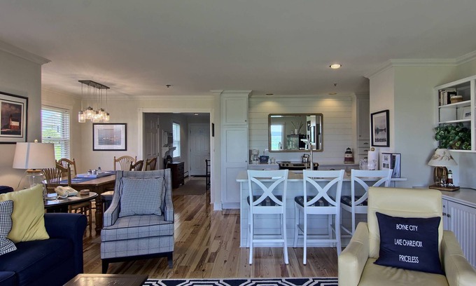 Boyne City Condo | Remodeled Lake Charlevoix Condo | First Floor Beachside Comfort | Fireplace