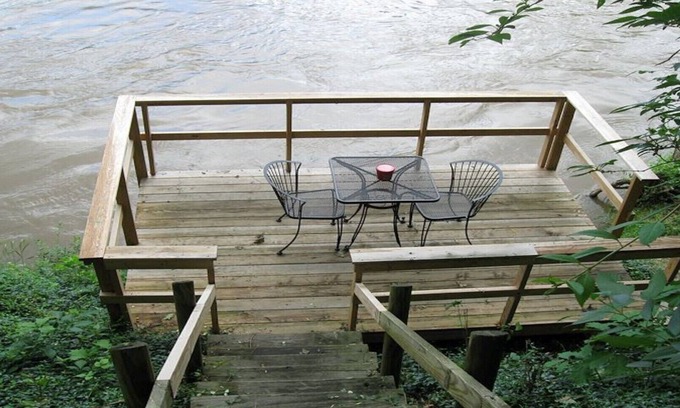 Luray Cabin | Rustic River Cabin, Charming Riverfront, Hottub, 2 Stone Fireplaces, Dock, Views