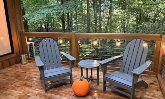 Shelby Cabin | Secluded creekside treehouse cabin in Shelby with hot tub, AC, WiFi