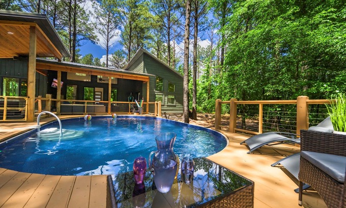 Broken Bow Cabin | Shaded Pines Retreat w/NEW Pool, Hot Tub,Fire Pit Sleeps 8