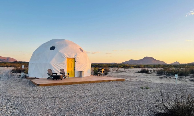 Terlingua RV Rental | Southern Boho inspired Geodesic Dome nestled up next to Big Bend National Park.