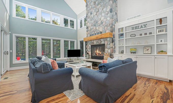 Fennville House | Spacious Home with Two Fireplaces, Game Room, & Private Pool - Walk to the Lake