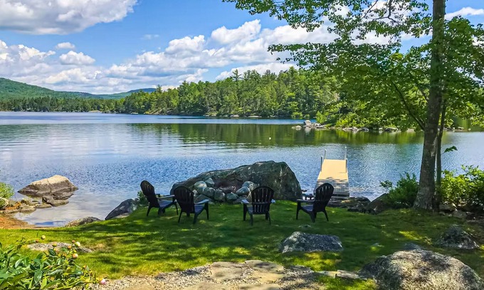 Lucerne-in-Maine House | Spacious Lakefront Home with a Sandy Beach, Kayaks, and Stunning Panoramic Views