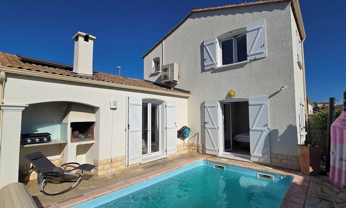Portiragnes House | Stylish house with medit. Garden, AC, barbecue, private + heated. Pool and W-Box