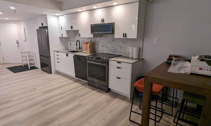 Shaughnessy Village Apartment | Sunny Downtown Montreal skyline view Crescent + Bell Centre 1 Br condo
