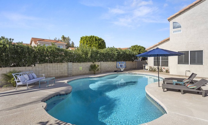 Arrowhead Ranch House | Updated backyard oasis w/unheated pool, hot tub and Patio misters for summer!
