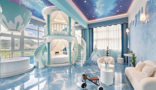 Ice and Snow Kingdom Castle Room (Dream Castle + Fun Slide + 2 round beds of 2 meters each)