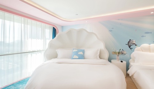 Sun and Moon Shell Round Bed Room (Children's Fun Bubble Pool + Large Slide + Round Bed + Small Bed)