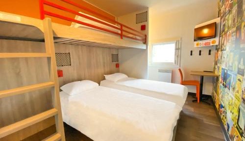 Break Room with Three Single Bunk Beds and Shared Bathroom